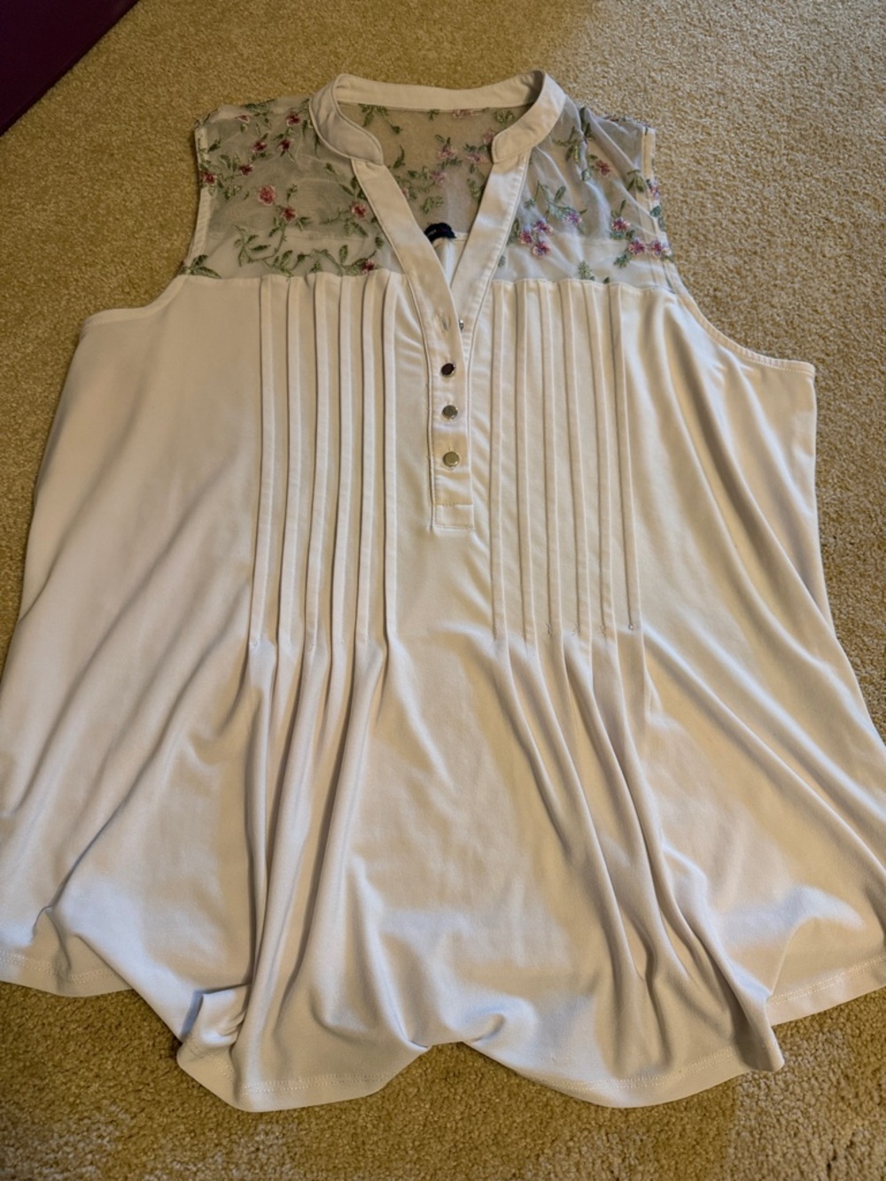 Cocomo White Sleeveless Tank with Floral Embroidered Yoke